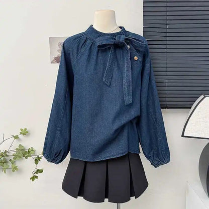 French Vintage Butterfly Knot Belted Bubble Sleeve Shirt Women Spring 2025 New Fashion Ageless Loose Stand Collar Top