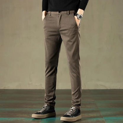 2024 Primavera Novas Calças Casuais Masculinas Marca de Roupas Negócios Cintura Elástica Grossa Clássica Slim Calça Masculina Preto Cinza Marrom