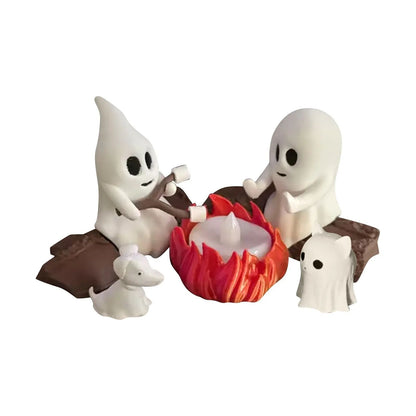 Halloween Ghost Nightlight Campfire Figurine Set Cute Ghost Statue Small Campfire Light Fun Halloween Decor Gift for Home Party