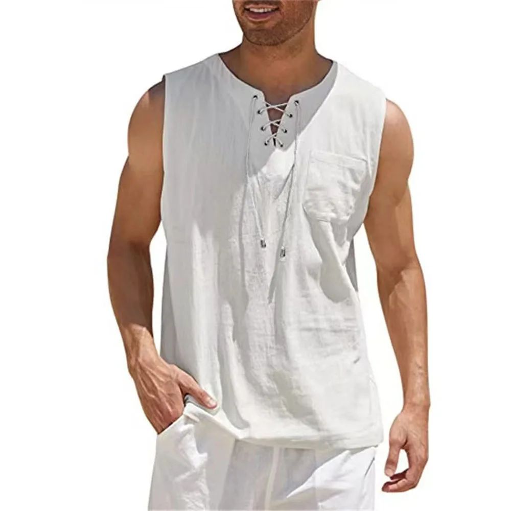 Cotton Linen Shirts Men's Casual Sleeveless Vest Lace Up Shirts Retro V Neck Tank Tops Loose Shirt Male Solid Color Clothes