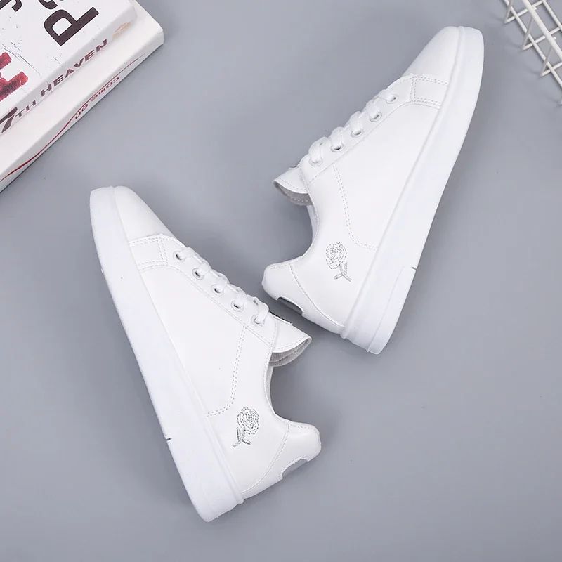 Women Leather Pu Casual Shoes New 2024 Woman Shoes Fashion Embroidered White Sneakers Breathable Flower Lace-Up Women Sneakers