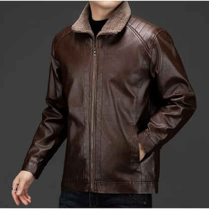 Men's Autumn and Winter Long Sleeved Leather Jacket with Fleece Collar for Warmth and Fashion Leather Jacket Men
