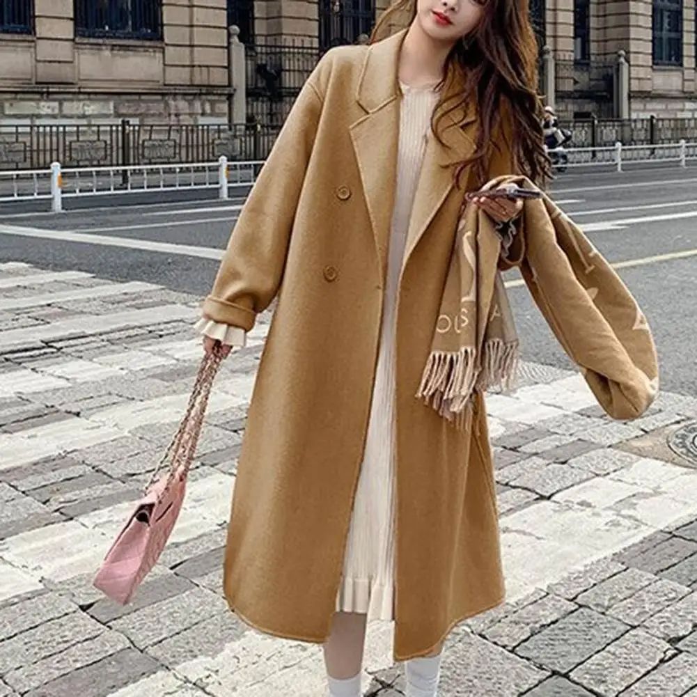 Women Coat Double-Breasted Mid-length Outerwear Lapel Stylish Warm Mid-Length Double Pockets Winter Coat Lady Accessories