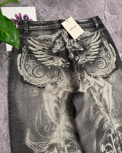 Jaede Lindon Wing Print Jeans Retro Gothic Trendy Loose Pants Oversized Washed Hip-hop Harajuku Pattern Couple Wide Pants