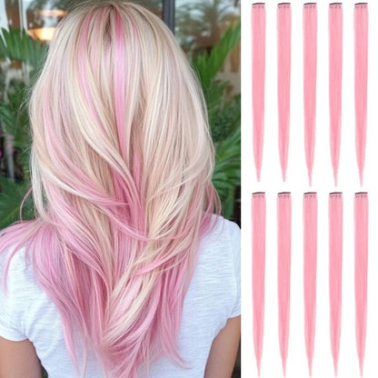 10Pcs Pink Clip in Hair Extensions Party Highlights Wig Synthetic Colored Straight Hairpiece for Girls Kids Christmas Party Use