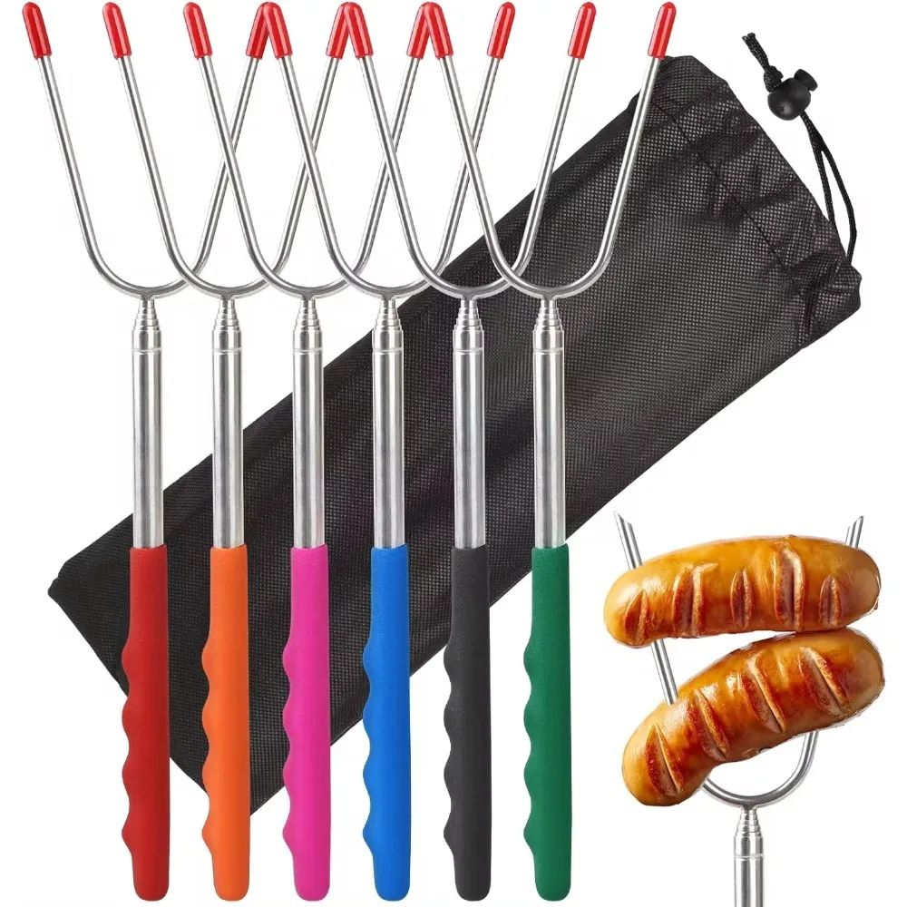5/6/10pcs Telescopic BBQ Forks Marshmallows Roasting Sticks Stainless Steel Extendable Hot Dog Sausages Skewers Barbecue Tools