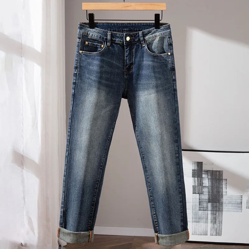 Milão Qualidade Premium Europeia Outono/Inverno Calças Jeans Masculinas Emagrecem Sua Silhueta Solta Reta Elástica Vintage