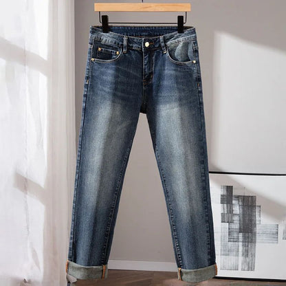 Milão Qualidade Premium Europeia Outono/Inverno Calças Jeans Masculinas Emagrecem Sua Silhueta Solta Reta Elástica Vintage