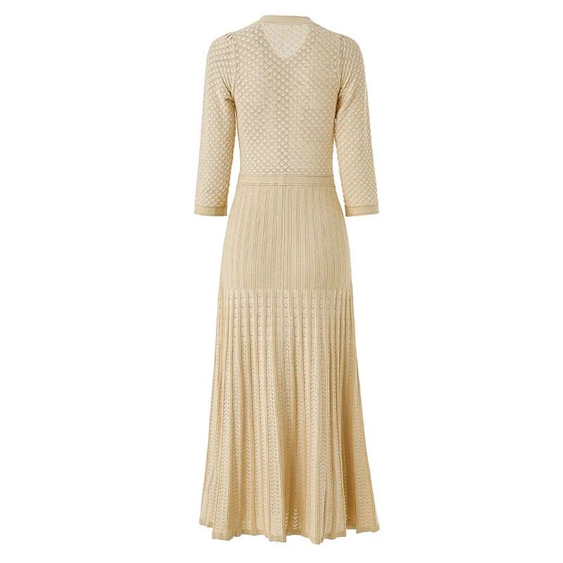 Hollow out Long Knitted Summer Dress round Neck Seven Sleeve Bodycon Skirt Slimming Effect Empire Waist Maxi Dress