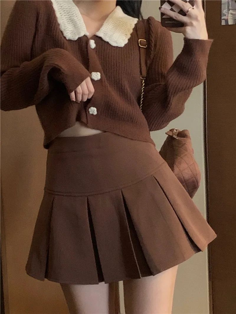 Vintage Brown Pleated Skirt Women Spring Summer Korean Style Y2K High Waisted A-line Mini Skirts Preppy Style Girls Causal