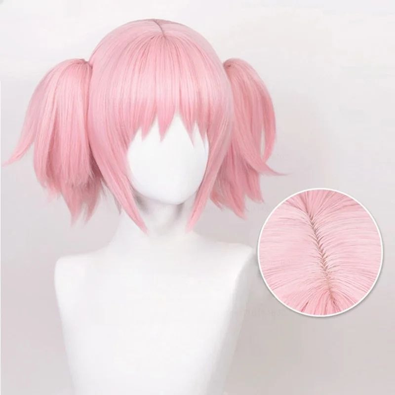 Peruca Sintética Cosplay Anime Madoka Kaname, Rosa Curta, Presilhas de Rabo de Cavalo, Resistente ao Calor, Festa, Perucas de Cosplay de Anime