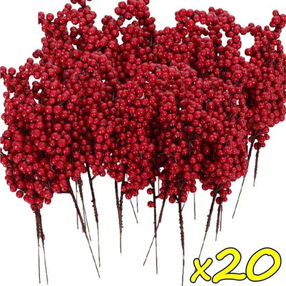 Christmas Artificial Red Berries Branch Fake Plants Flowers Holly Berry Stamen Wreath Ornaments for Xmas Tree Party Home Decor