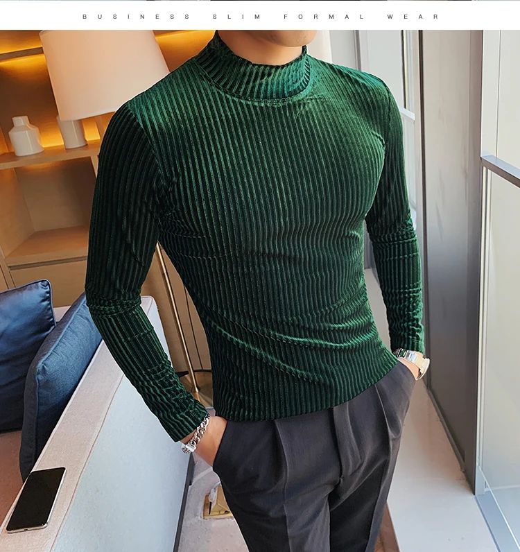 New Gold Velvet T Shirt Men Clothing Fashion Trend Male Luxury Prom Party Long-sleeved Striped Pullover Tops Homme