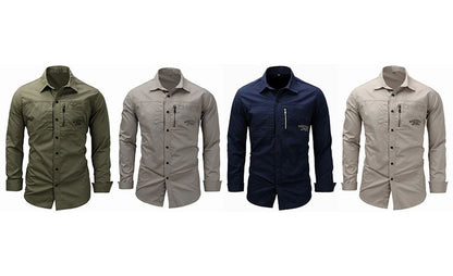 European Size Men's Shirt Cotton Multi-Pocket Button Up Green Navy Cargo Shirt Long Sleeve Button Down Hiking Fishing Work Shirt