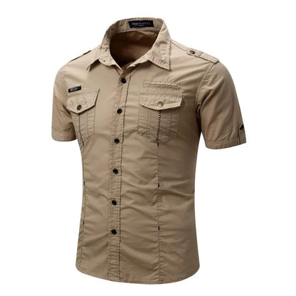 Euro Big Size Men's Cotton Casual Short Sleeve Button-Down Shirt with Chest Pockets Regular-Fit Work Shirt Outdoor Cargo Wear