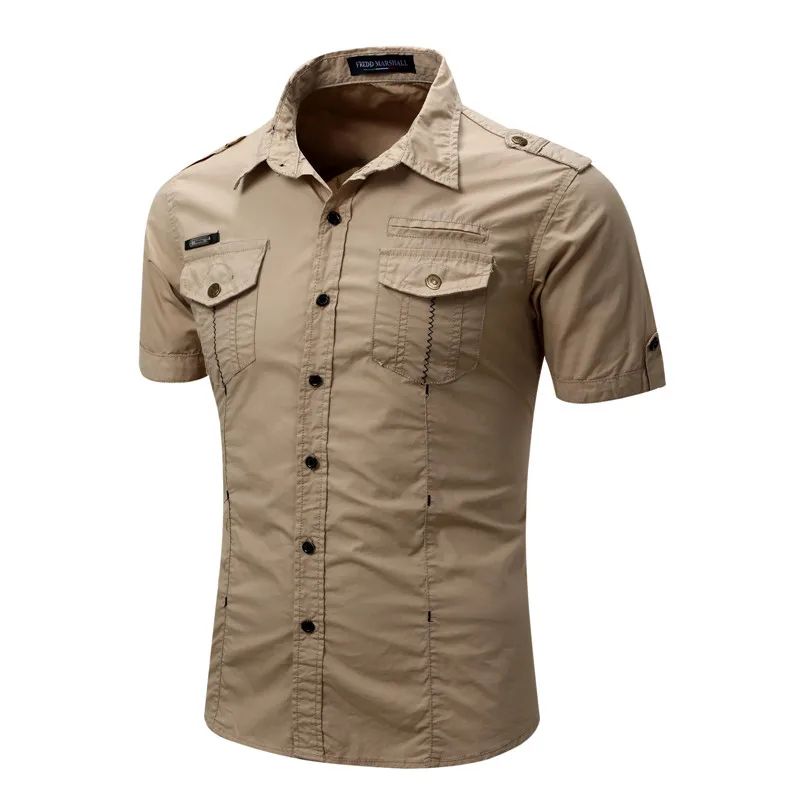 Euro Big Size Men's Cotton Casual Short Sleeve Button-Down Shirt with Chest Pockets Regular-Fit Work Shirt Outdoor Cargo Wear