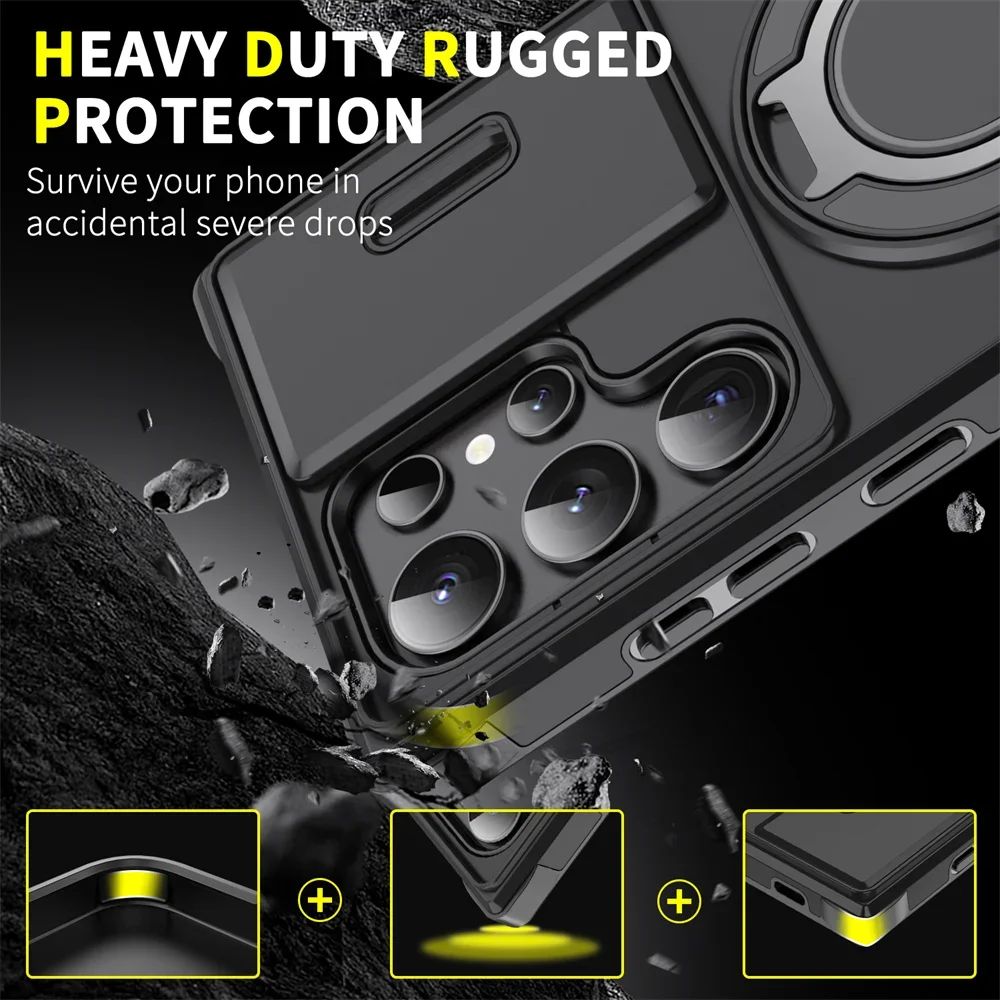 Capa Armor com Suporte Magnético para Samsung S25 S24 S22 S21 S23 S20 Ultra Plus FE com Proteção de Câmera Deslizante e Antichoque