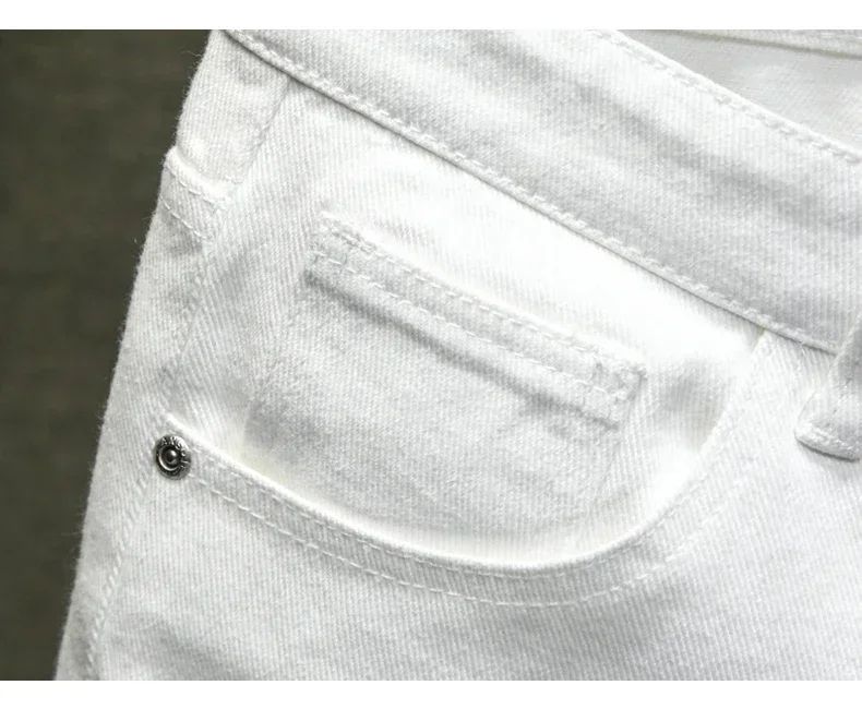 Streetwear Ripped White Denim Shorts Men New Fashion Knee Length Jeans Simple Casual Slim Hole Short Pants Male