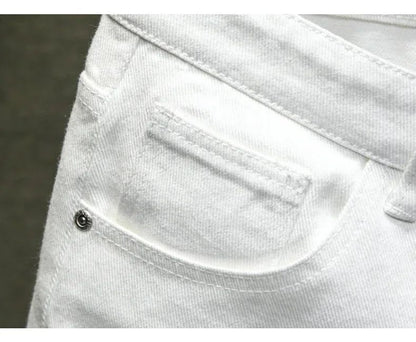 Streetwear Ripped White Denim Shorts Men New Fashion Knee Length Jeans Simple Casual Slim Hole Short Pants Male