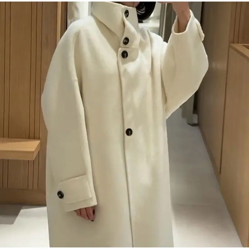 Stand Collar Single Breasted Split Long Coat Women Oversize Elegant Long Sleeve 2025 Autumn Female Outerwear Office Overcoat