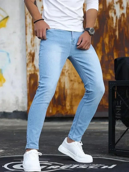 Calça Jeans Masculina Skinny Stretch Cores Sólidas Preto Azul Primavera Luxo Rua Harajuku Hip-Hop Calças Justas Marca