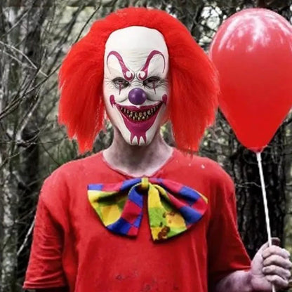 Evil Grinning Clown Mask Purple Nose Red Wig Latex Mask Halloween Carnival Haunted House Bar Prank Cosplay Costume Accessory