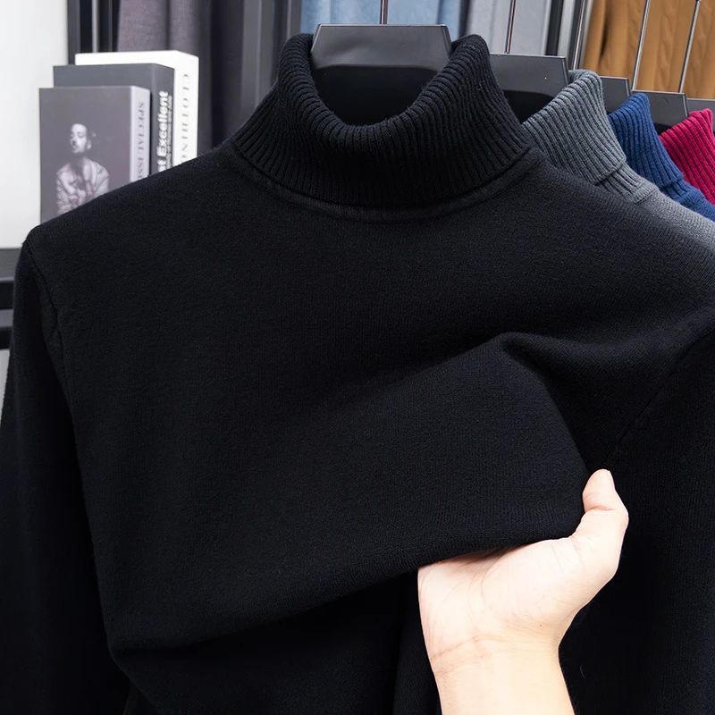Autumn Mens High Quality Knitted Turtleneck Sweater Slim Fit Long Sleeve Anti-pilling Pullover Solid Color Trend Men Streetwea