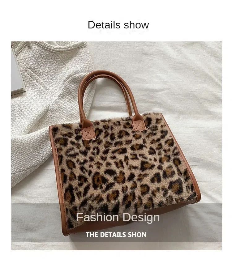 New Women Soft Plush Hand Bag New Winter Leopard Cow Print Tote Bags Female Pu Leather Underarm Bags Furry Fluffy Shoulder Bag