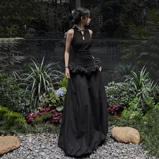MEXZT Vintage Black Long Dress Women Party Prom Ruffles Sleeveless Maxi Dresses