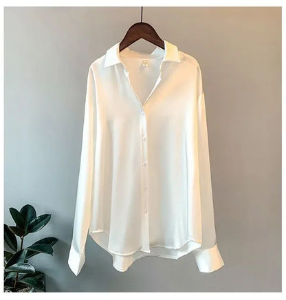 Fall Turn-down Collar Elegant Satin Loose Women Shirt 2025 Plus Size Blouse Autumn Vintage Casual Button Silk Tops