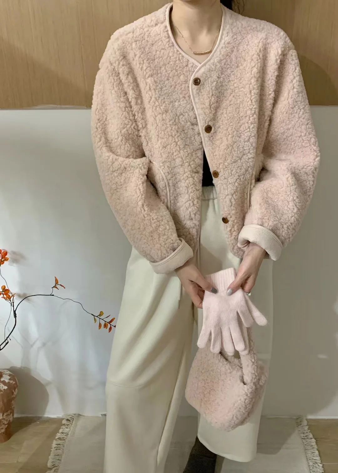 Korean Chic round Neck Single Button Loose Lamb Fur Jacket Winter Elegant Fashion Small Size with Bag Matching Women's Coat