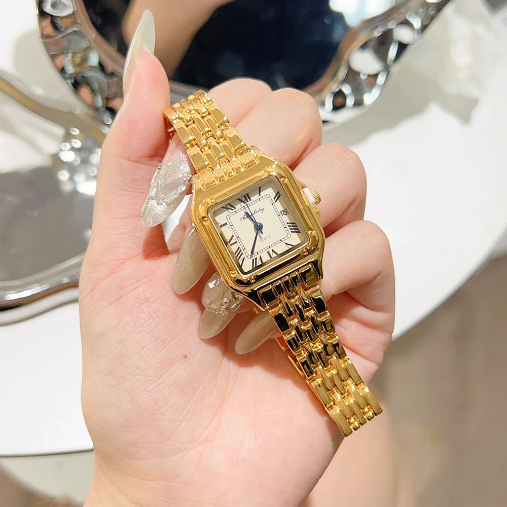 Women New Fashion Square Watches Gold Stainless Steel Strap Luxury Ladies Quartz Wristwatches Qualities Female Roman Clock Gift