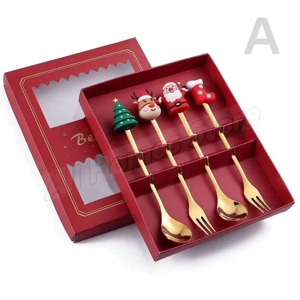 Christmas Cutlery Set Elk Dessert Scoop Fruit Fork Coffee Spoon Stainless Steel Dessert Fork 4/6PCS Christmas Spoons Fork Set