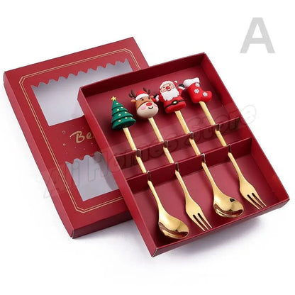 Christmas Cutlery Set Elk Dessert Scoop Fruit Fork Coffee Spoon Stainless Steel Dessert Fork 4/6PCS Christmas Spoons Fork Set
