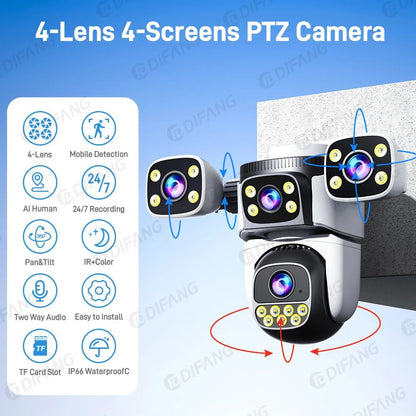 DIFANG 20MP 4 Screens WiFi Security Camera Outdoor 5X  Zoom Quad Lens Auto Tracking Waterproof Night Vision CCTV Cameras