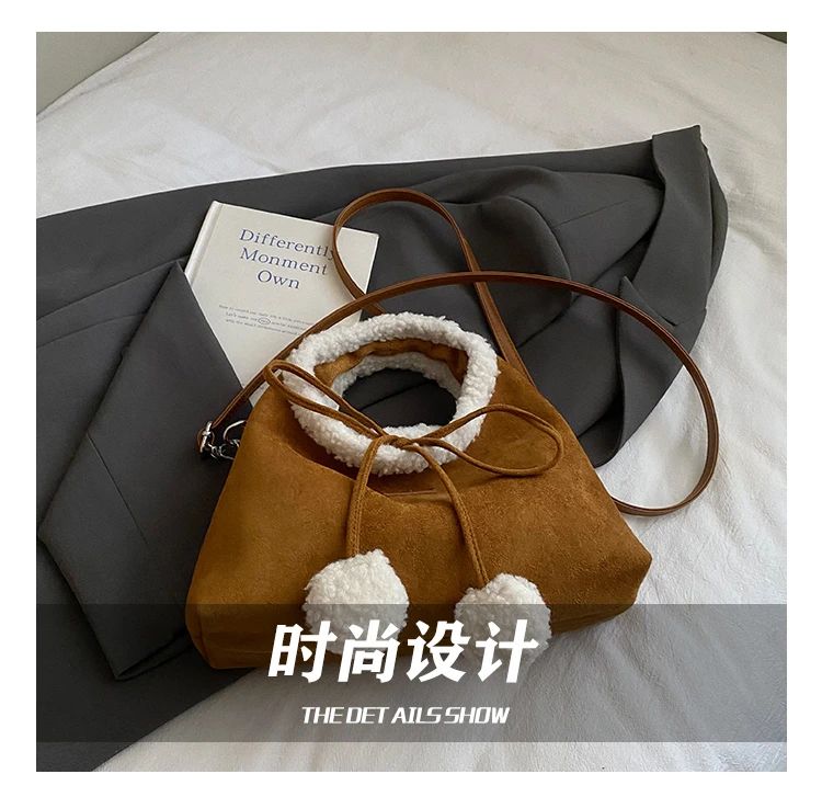 Faux Suede Solid Color Bow Hairy Cute Women's Handbags Christmas Gift Giving Fashion Bags 2025 Autumn/winter New Shoulder Bags