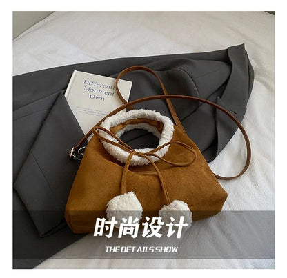 Faux Suede Solid Color Bow Hairy Cute Women's Handbags Christmas Gift Giving Fashion Bags 2025 Autumn/winter New Shoulder Bags