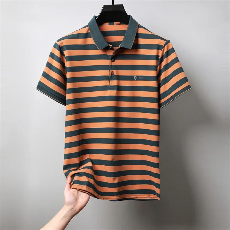 Personalized Striped Color Blocked Men's Short Sleeved Polo Shirt Fashion Brand Exquisite Embossed Summer Casual Collar T-shirt