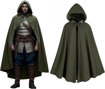Cloak with Hood Men?Medieval Costume Men Round Metal Buckle Cloak with Green Leaf Brooch Necklace for Halloween
