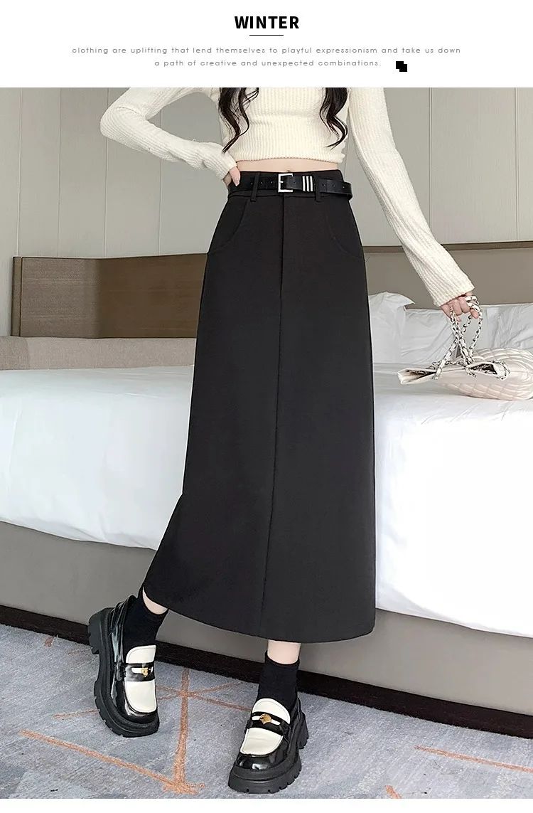 Grey High-waisted A- line Skirt Half Dress Petite Long Dress Autumn/winter For Women Side Slit Workwear