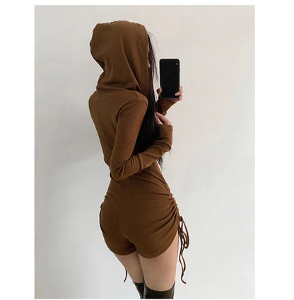 American Style Casual Hooded Jumpsuit Women's Slimming Fitness Clothes Tight High Waist Long Sleeve Yoga One-Piece Suit
