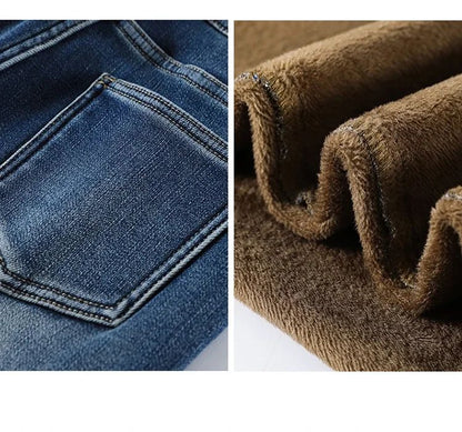 Winter Thickened Women's Mink Velvet Jeans Loose Straight Warm Soft Fleece Fashion Elastic High Waist Female Pants Black Blue