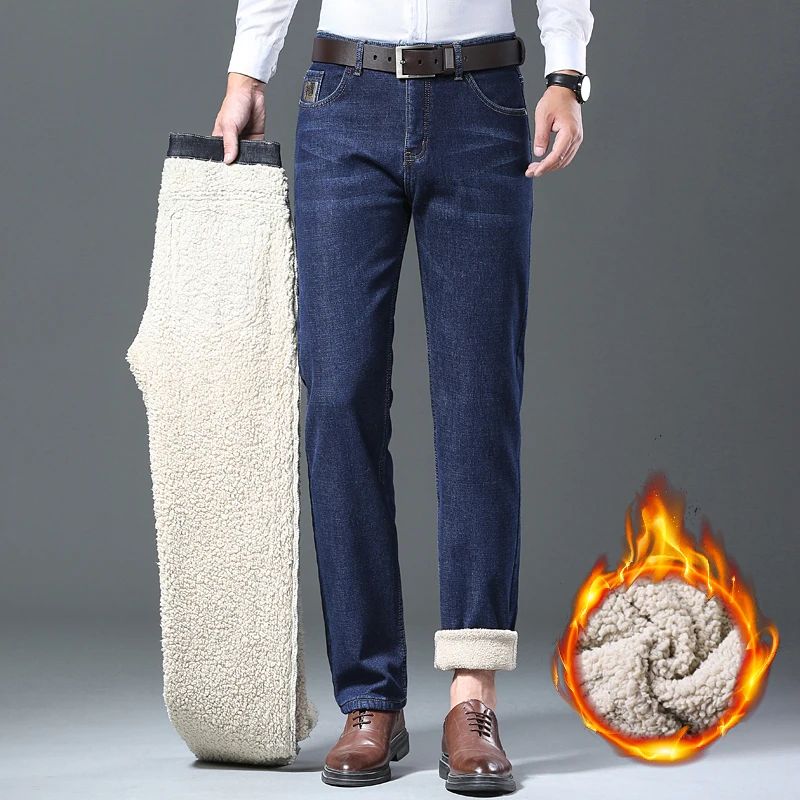 Calça Jeans Masculina de Lã Aveludada, Inverno, Forrada com Lã Grossa, Casual de Negócios, Reta, Jeans, Macia, Confortável, Térmica, Elástica, Calças Masculinas