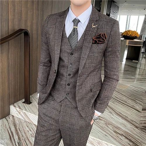Dark Blue Men's Suit Three Piece, Business Casual Jacket and Vest with Trousers, Gray Dark Brown Slim Fit Sets, Asian Size