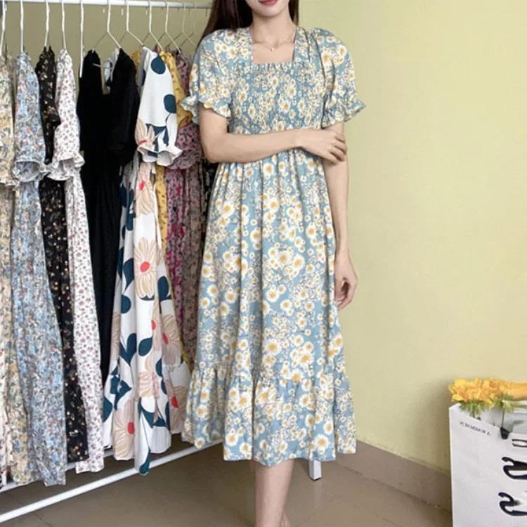 Spring Summer Elastic Waist Chiffon Dress Women Casual Dresses Fashion Female  Vestidos Short Sleeve Pleated A-line Dresses