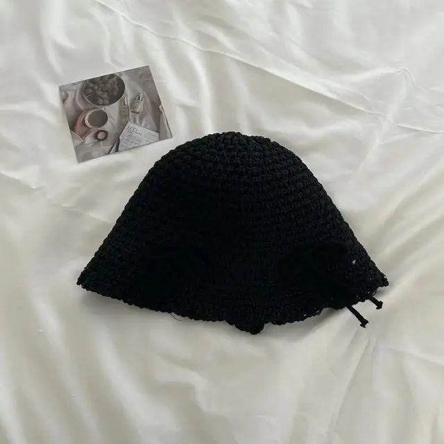 Chapéu de Sol Coreano com Laço de Primavera e Verão, Chapéu Bucket Doce da Moda, Chapéu de Sol Feminino de Palha de Cor Sólida de Malha Respirável para Exteriores
