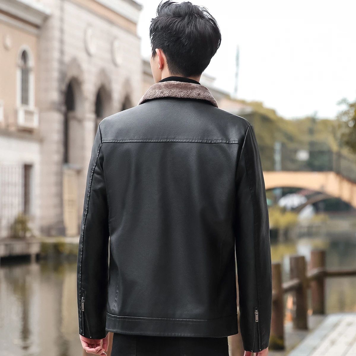 Trend Korean Slim Fit Casual Men's Leather Jacket Leather Jacket Busines Men's Fur Collar High Quality Fashion Motorcycle Jacket