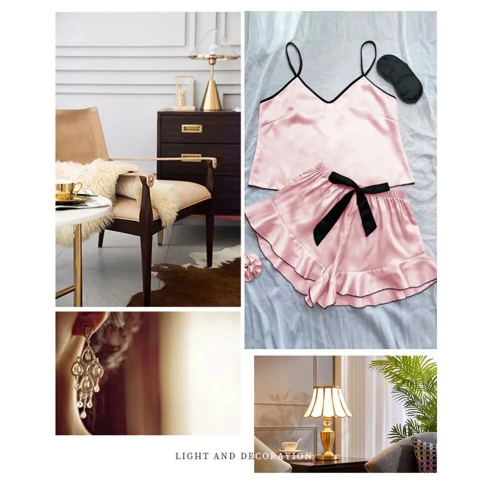 Women's Smooth Satin Pajamas V-Neck Top Ruffled Edges and Bow Shorts Simple and Breathable Pajama Set Sling Home Clothing