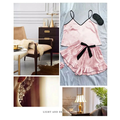 Women's Smooth Satin Pajamas V-Neck Top Ruffled Edges and Bow Shorts Simple and Breathable Pajama Set Sling Home Clothing
