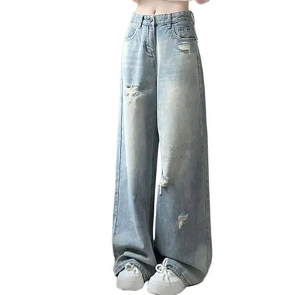 High Waist Wide Leg Straight Cut Jeans Women's Light Wear Distressed Design plus Size Pear Shape Hole Denim Pants